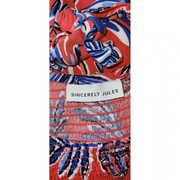 Sincerely Jules Women's Floral Midi Red Dress M Tropical Ruched Tie Back Resort - Picture 3 of 3